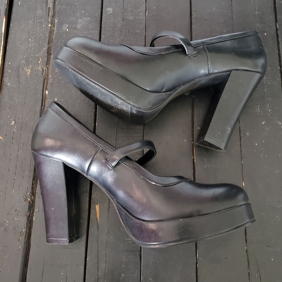 Bongo VTG Women's 8.5 Black Mary Jane Heels Platform Chunky 90s Y2K Grunge Goth - Picture 9 of 11